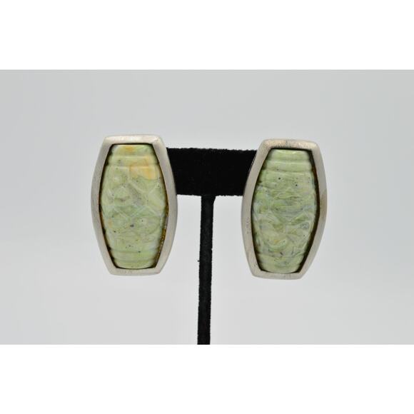 Vintage Earrings Brushed Silver Faux Green Stone Cabochon Statement 1980s 9G - Picture 1 of 12